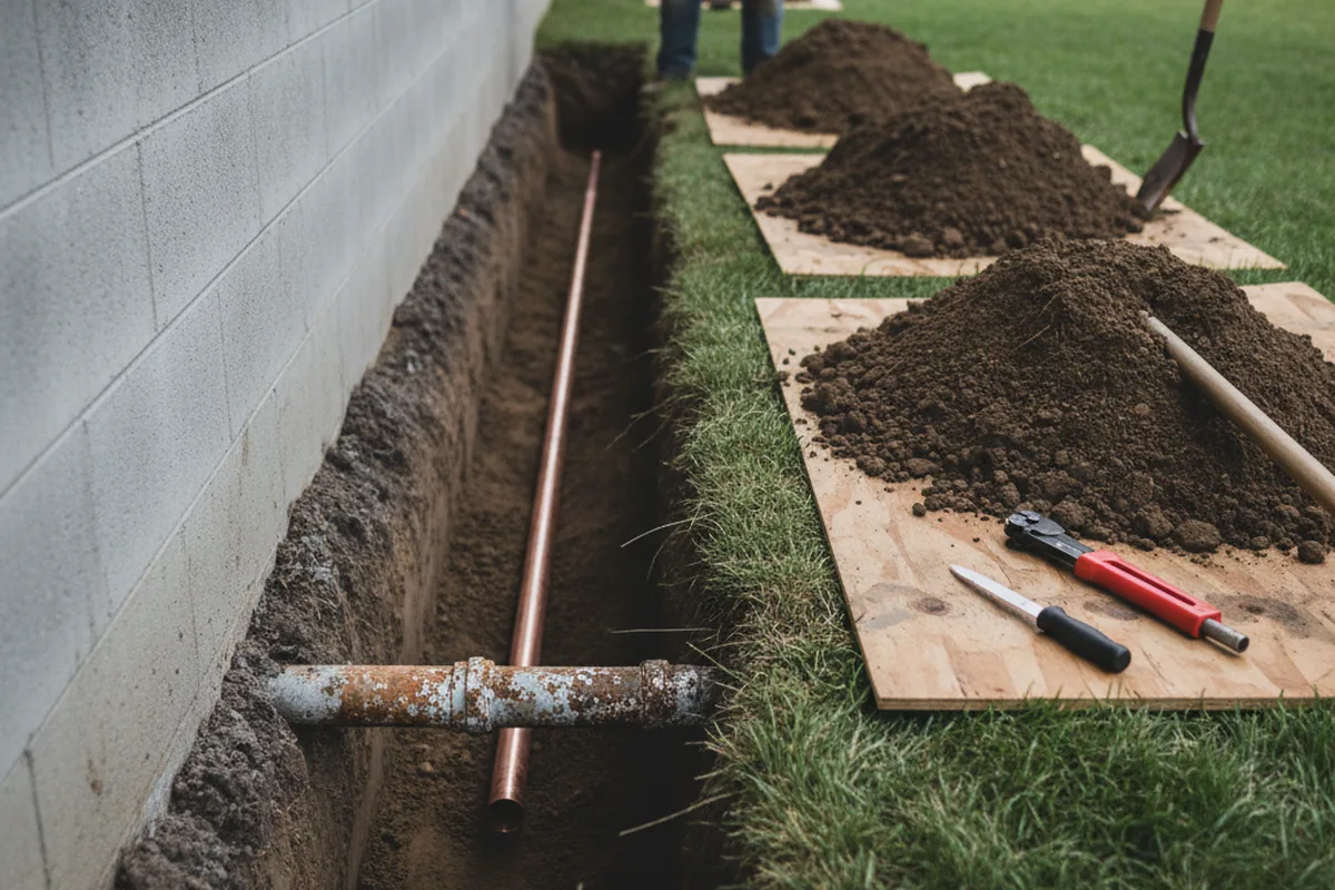 Excavated water line trench during Water Softener Installation in New Egypt